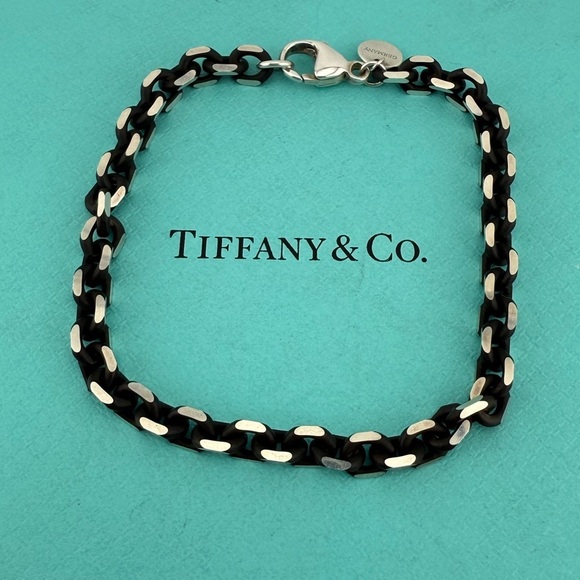 RARE Tiffany & Co. Black Enamel Sparkle Chain Bracelet Sterling Silver 😎 - Picture 1 of 7
